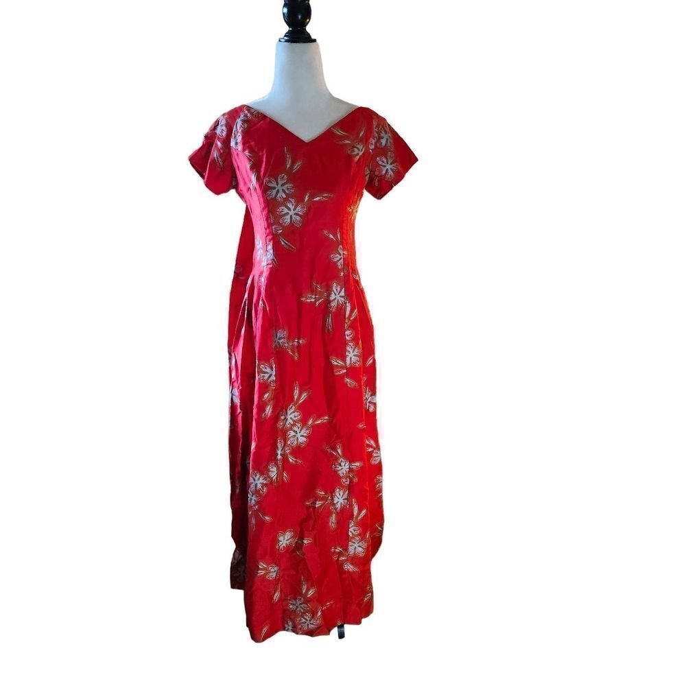 Red Vintage 60s Hawaiian Cotton Maxi Dress Kaftan Muumuu 70s Waikiki